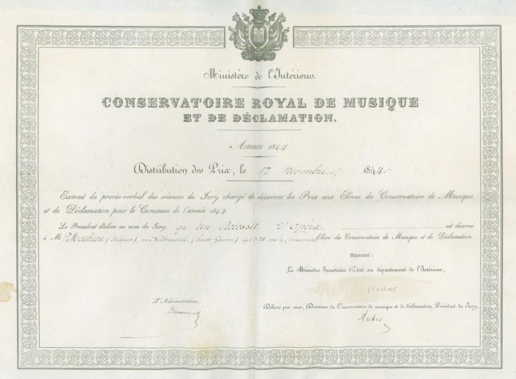 Auber, Daniel - Conservatoire Prize Certificate Signed