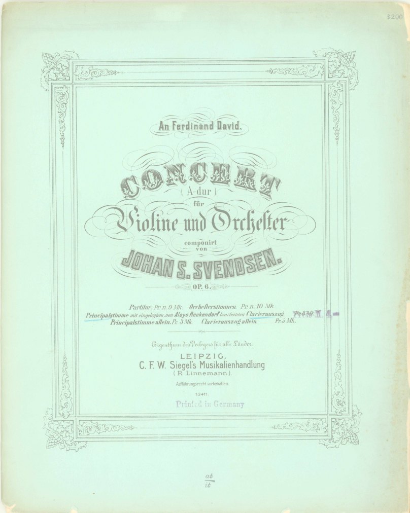 Svendson, Johan S - Concert, A-dur, für Violine und Orchester. Op. 6.